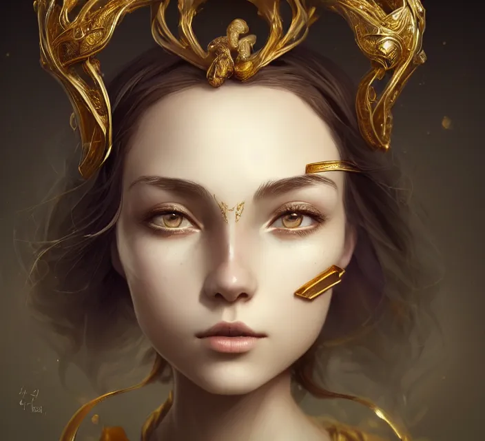 Image similar to cute anthropomorphic treasure by charlie bowater and anna dittmann and artgerm and clemens ascher, portrait, intricate, elegant, gold mist, product shot, macro, symmetrical face, highly detailed, dramatic lighting, sharp focus, octane render, trending on artstation, artstationhd, artstationhq, unreal engine, 4 k, 8 k