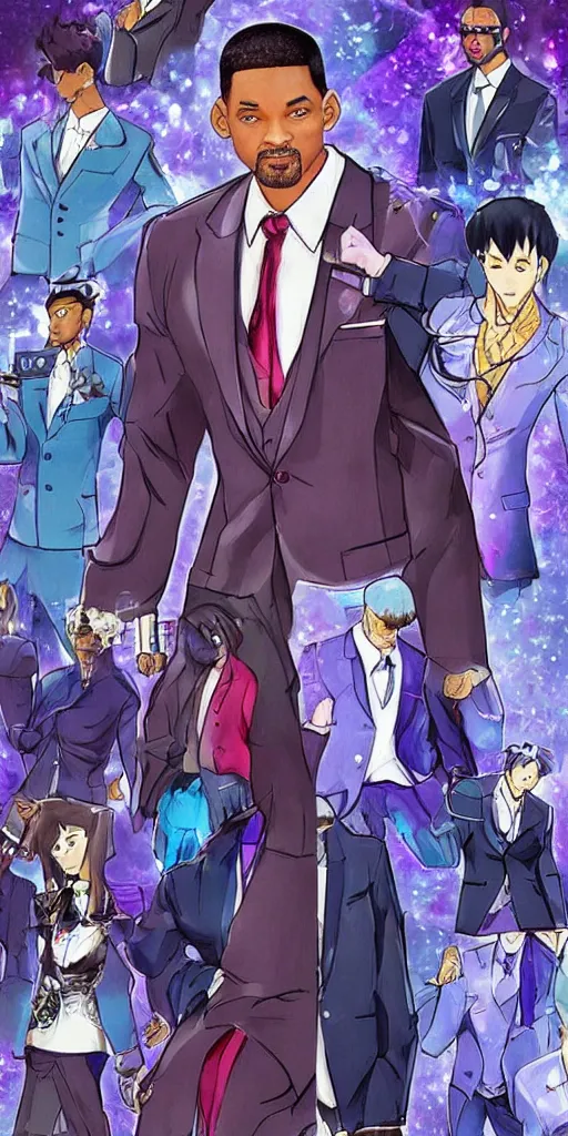 Image similar to will smith wearing luxury suits as a gacha game rare character, full body, cartoon, anime, trending in pixiv, cool color pattern