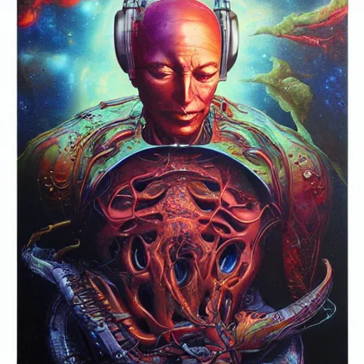 Image similar to UHD photorealistic Elon Musk as an alien from dimension x, by Ayami Kojima, Amano, Karol Bak, Mark Brooks, tonalism, rich deep colors. Beksinski painting, art by Adrian Ghenie and Gerhard Richter. art by Takato Yamamoto. masterpiece