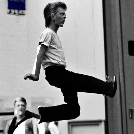 Image similar to david bowie goes skipping in a school playground