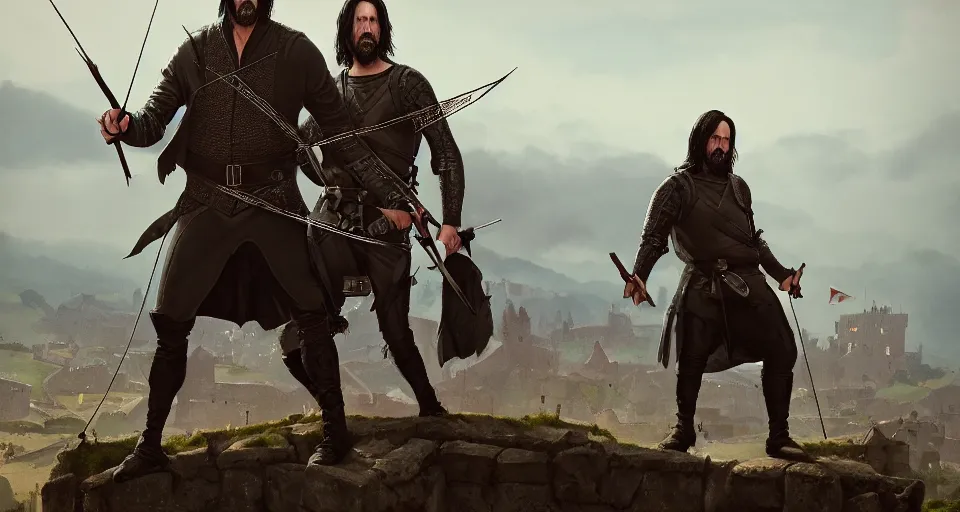Image similar to john wick and Simon peck as medieval bowmen, standing on a gothic style castle wall, overlooking a bloody battlefield in the background, trending on artstation, artwork in style of peter mohrbacher, unreal engine, octane render, intricate details, 8k high definition, beauriful, ornate, hyperrealistic