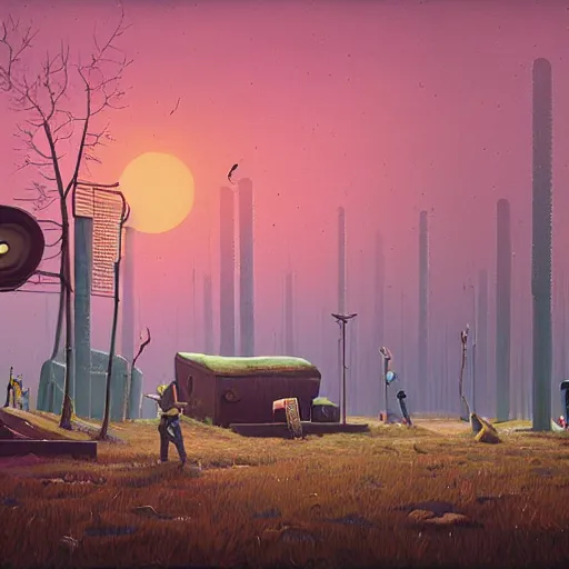 Prompt: Laughter and music made of muskets by Simon Stålenhag