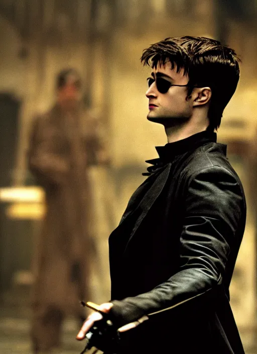 Prompt: film still of Daniel Radcliffe as Neo in The Matrix, 4k