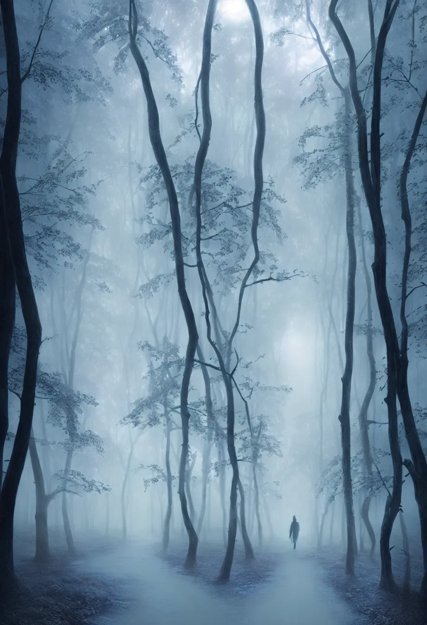 Image similar to backlit path in the middle of a frozen winter morning forest, treelined, fog, matte painting, mystical, ultra high definition, ultra detailed, matte painting, by greg rutkowski and ross tran and wlop