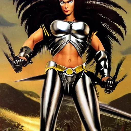 Prompt: 23-year-old muscular warrior girl wearing chrome silver armor, black spandex, electrified hair, wild spiky black hair, glam metal hair, wild black hair, yellow eyes, tropical, palm trees, chrome buildings, futuristic base, 1987, Frank Frazetta, pulp art, video game box art, hyper-detailed