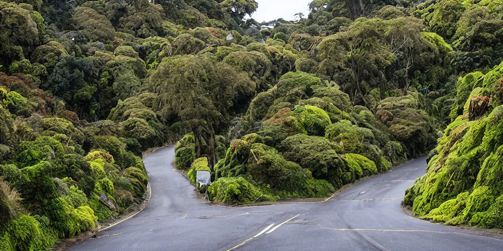 Prompt: a very steep street in wellington, new zealand lined by new zealand montane forest. podocarp, rimu, kahikatea, mountain cabbage trees, moss, vines, epiphytes, birds. windy rainy day. people walking in raincoats. 1 9 0 0's colonial cottages. harbour in the distance.