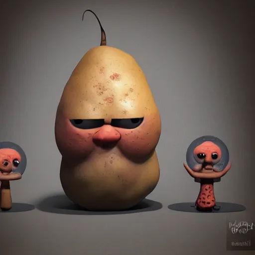 Prompt: the potato king appears before his subjects in all his glory, concept art, blender, googly eyes.