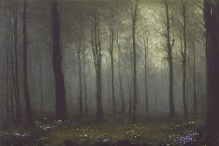 Prompt: dark and spooky painting of a forest dimly lit at night with tiny purple morning glory flowers trailing at the base of trees. foggy cinematic volumetric darkness, muted colour palette, detailed oil painting on canvas robert hughes, john everett millais