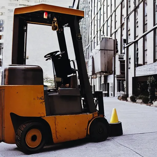 Image similar to photograph of steampunk forklift going downtown