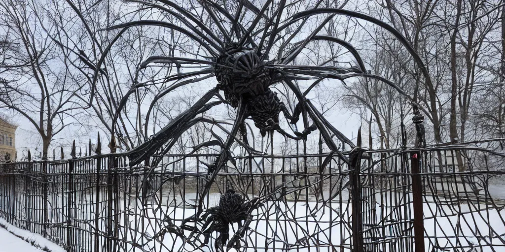 Image similar to a sculpture of a huge iron spider in the fence of the winter palace