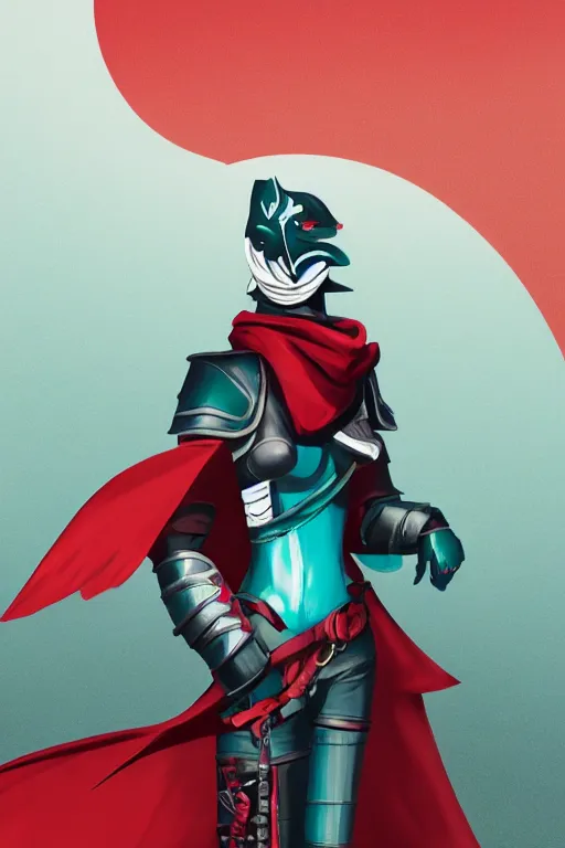 Image similar to female adventurer in tight full - body teal leather armor of japanese design with red accents and a white porcelain crow mask, trending in artstation, japanese, artstation, big moon in the background, establishing shot