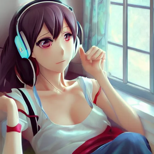 Prompt: anime beautiful girl sits on the sofa and listens to music, the sun shines through the window, clear face, beautiful body, highly detailed, 8 k, pixiv, in style of kyoto animation, art by artgerm and cushart krenz