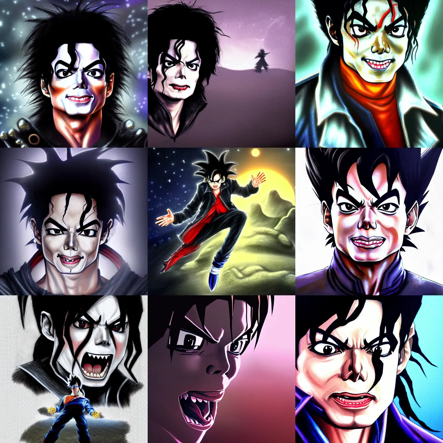 Prompt: michael jackson!!!! realistic dramatic !big face realistic close up concept art of michael jackson hedgehog as a dragon ball Z character,dark eye sockets, graveyard landscape at night , 4k anime character illustration by akira toriyama, artstation