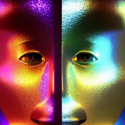 Image similar to 3d render of holographic human robotic head made of glossy iridescent, surrealistic 3d illustration of a human face non-binary, non binary model, 3d model human, cryengine, made of holographic texture, holographic material, holographic rainbow, concept of cyborg and artificial intelligence