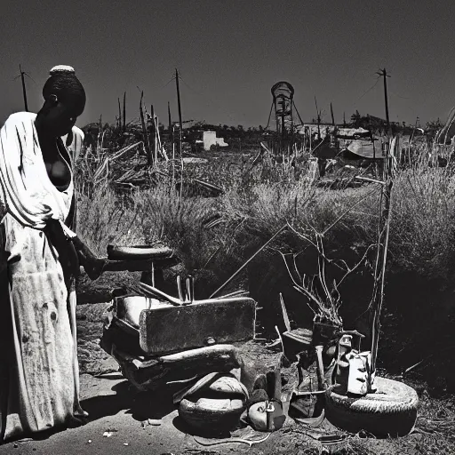 Image similar to photo of beautiful African native ancient woman inspecting railgun, tools and junk on the ground,wires with lights, old village in the distance, vintage old photo, black and white, sepia
