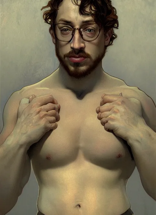 Prompt: Gigachad Sam Hyde puffing his chest, sigma male, accurately portrayed, portrait art by alphonse mucha and greg rutkowski, highly detailed, digital painting, concept art, illustration, dim lighting with twilight rays of sunlight, trending on artstation, very detailed, smooth, sharp focus, octane render, close up