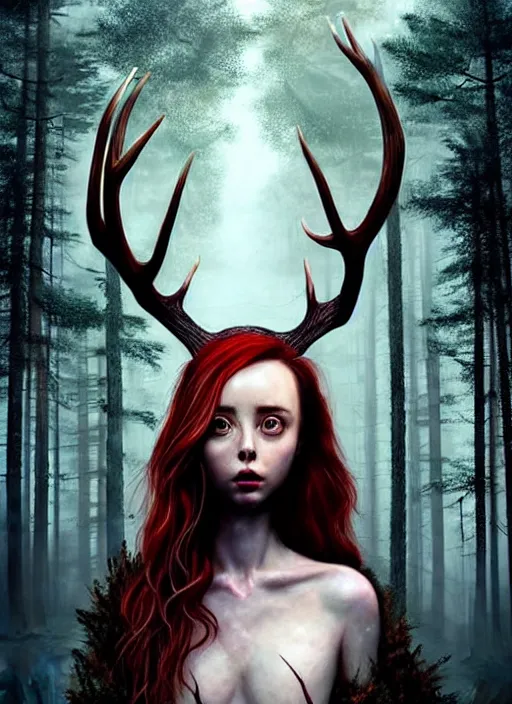 Image similar to surrounded by trees, realistic character concept, gorgeous Kacey Rohl, red hair, small freckles, Wendigo creature antlers deer skull face, symmetrical face, symmetrical eyes, full body, covered in blood, dark forest, trees, shorter neck, cinematic lighting, Joshua Middleton and artgerm, fear anxiety terror