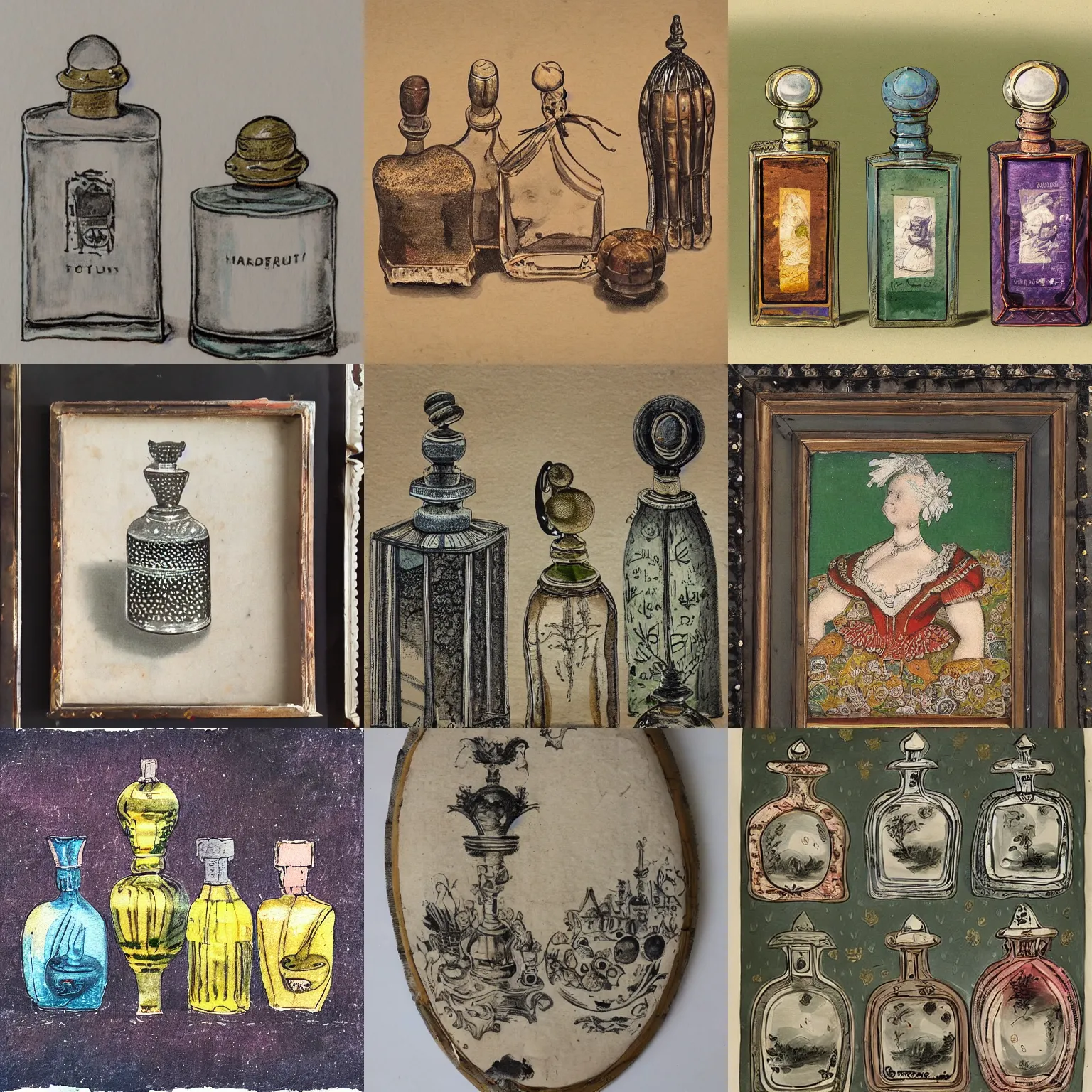 Prompt: 1 8 th century perfume bottles, inkdot painting on old paper by benday, dot art, epic, masterpiece, illustration, hdr, 8 k