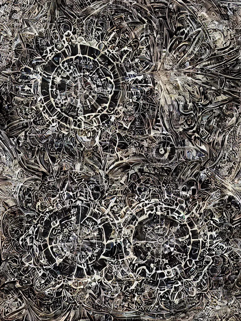 Image similar to symmetrical mandala pattern of machine guns, shotguns, rifles, revolvers, bullets, styled as a tattered paperback cover, ultra-realistic, intricate fluid details,