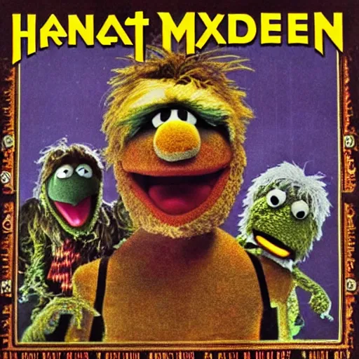 Prompt: animal the muppet on iron maiden album cover, 8 k resolution hyperdetailed scary heavy metal dystopian surrealism