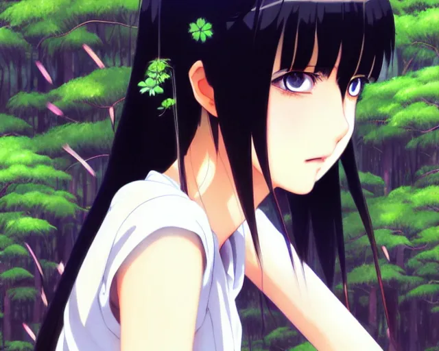 Prompt: beautiful anime girl with black hair and bangs, fine details portrait, forest background, bokeh. anime masterpiece by Studio Ghibli. illustration, sharp high-quality anime illustration in style of Ghibli, Ilya Kuvshinov, Artgerm