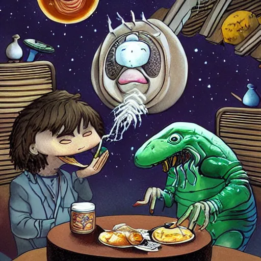 Prompt: extraterrestrial eating dumplings at fancy Japanese restaurant, Jim Henson creature shop, science fiction, highly detailed, illustration