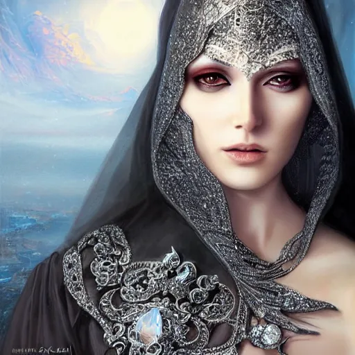 Image similar to a beautiful woman wearing a white niqab made of silver with jewelry and diamonds by alex gray and android jones, karol bak, ayami kojima, arabian, concept art, fantasy