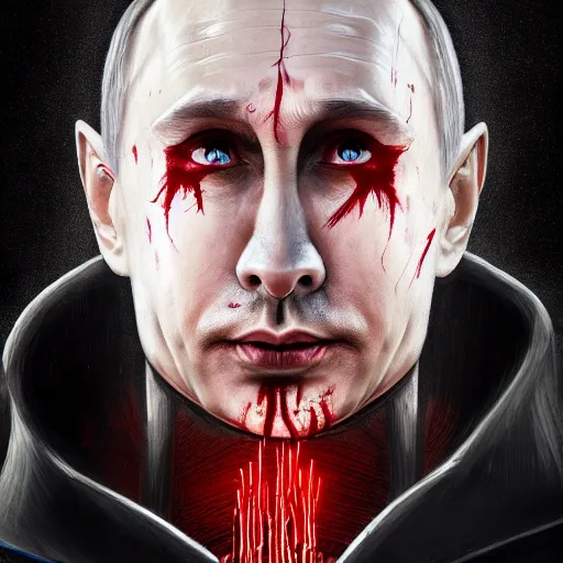 Prompt: a portrait of a putin magician with blood on face in glass armor releasing spell, full height, moving forward, cyberpunk concept art, trending on artstation, highly detailed, intricate, sharp focus, digital art, 8 k