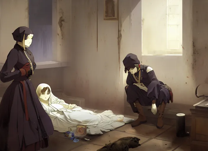 Image similar to 1 8 5 4 crimea, florence nightingale, army hospital in scutari, overcrowded, filthy, blocked drains, broken toilets, rats, wounded soldiers, sleep dirty floor, no blankets, finely detailed perfect art, gapmoe yandere grimdark, trending on pixiv fanbox, painted by greg rutkowski makoto shinkai takashi takeuchi studio ghibli