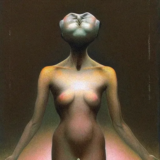Prompt: a humanoid figure posing, wearing a dress, by Zdzislaw Beksinski and Marat Safin