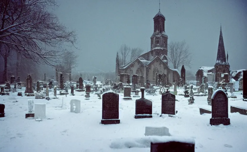 Image similar to inside a snowy graveyard with candles with 18th century gothic church in the background cold and sad in the shining by stanley kubrick, shot by 35mm film color photography