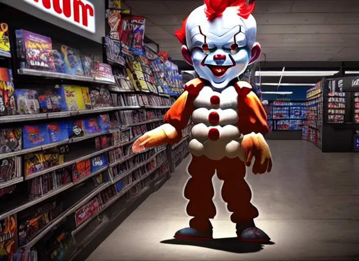 Image similar to giant pennywise seen shopping at gamestop, pennywise can be seen buying his game collection, amazing details, atmospheric, surrealism, 8 k, octane render, cold hue's, warm tone gradient background