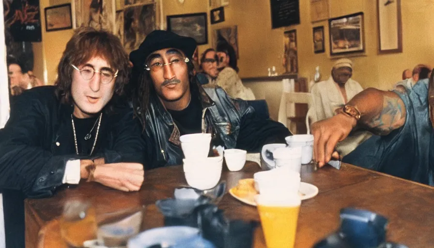 Image similar to candid 35mm photo of John Lennon and Tupac Shakur hanging out at a cafe in 2022