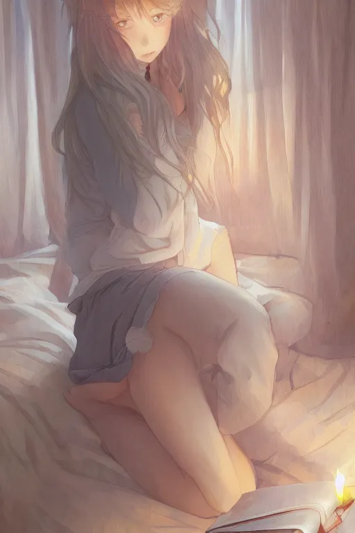 Prompt: a teenage girl in a jk uniform outfit in the bedroom reading a book in a night, raining outside the window, grey and orange theme ， wavy white long hair, by krenz cushart and mucha and akihito yoshida and greg rutkowski, detailed eyes, 4 k resolution