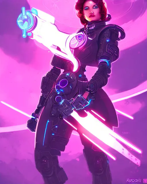 Image similar to A cybernetic witch wielding a futuristic power staff, digital apex legends illustration portrait, gorgeous lighting, wide angle action dynamic portrait, art by Ross tran, Pink and blue palette, high contrast,