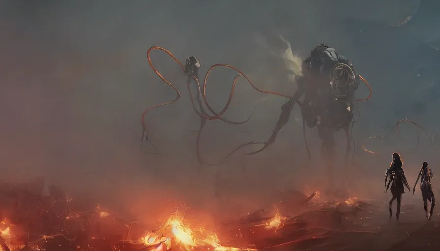 Image similar to woman with black hair and leather jacket walking away from explosion, lovecraftian hellscape, golden tenticles, soldiers and mech fight, simon stalenhag, 4 k, ultra detailed, explosions and smoke