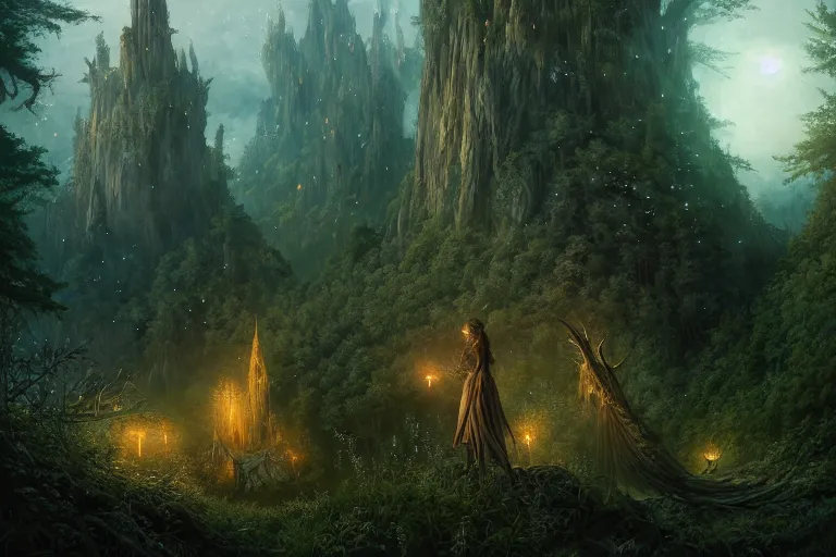 Image similar to detailed intricate digital illustration by greg rutkowski and david friedrich and ruan jia and fenghua zhong and steven belledi ; gothic fantasy valley and forest faerie fey unseelie in background ; 1 3 mm film, arri alfa anamorphic lens ; sharp focus, eventide, fireflies ; trending on artstation 8 k