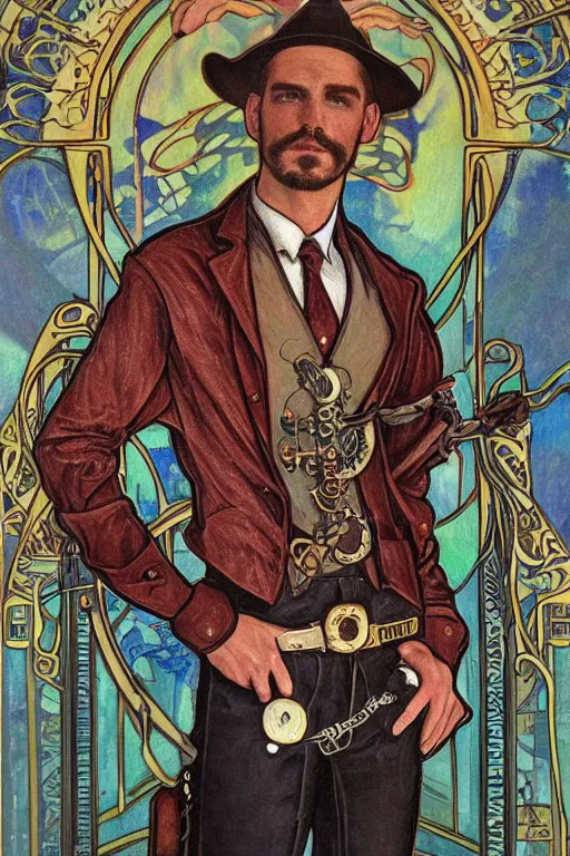 Prompt: a dramatic ethereal epic symmetrical painting of a handsome villainous cowboy standing in front of a train!! locomotive!! | his shirt is unbuttoned and he has a pocketwatch | tarot card, art deco, art nouveau, ( steampunk ), homoerotic, realistic | by louis comfort tiffany and alphonse mucha | trending on artstation