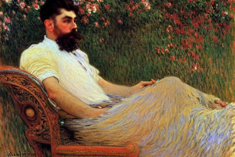 Image similar to attractive male, painting by gaston bussiere, claude monet, alphonse mucha, carl larsson