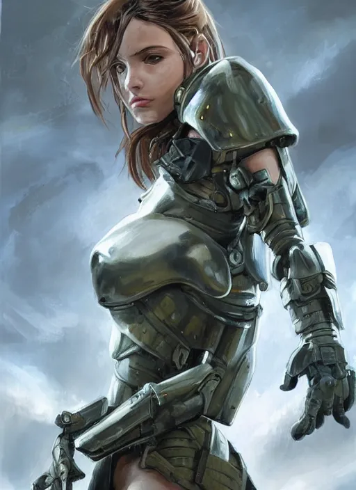 Image similar to a professionally painting of an attractive young girl, partially clothed in sci-fi military armor, olive skin, long dark hair, beautiful bone structure, perfectly proportioned, symmetrical facial features, intricate, elegant, heroic pose, digital painting, concept art, smooth, sharp focus, finely detailed, beautifully framed, from Metal Gear, in the style of Greg Rutkowski and William-Adolphe Bouguerea, trending on Artstation, award winning