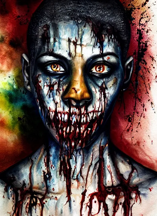 Image similar to african american zombie hollywood artwork professional acting headshot, hyperrealism, intricate detail, studio lighting, charming expression gesicht, hauntingly beautiful zombie, watercolor art, epic, legendary, drawn and painted, colored layers, dulled contrast, exquisite fine art, splatterpaint