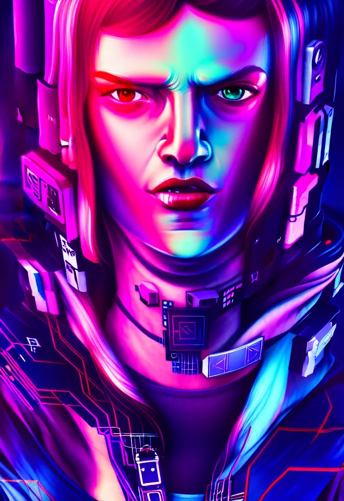 Image similar to digital portrait of lex fridman, cyberpunk, glitchcore, synthwave art, detailed, masterpiece, trending on artstation, featured on pixiv, hd, 4 k, 8 k