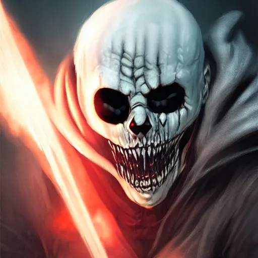 Prompt: photorealistic dark fantasy concept art of ultra horror nightmare sans with his eye glowing, and a hole in his chest, dynamic lighting, stunning visuals, ray tracing, beautiful scenery, cinematic, full body portrait, ultra detailed, hyper detail, stunning detail