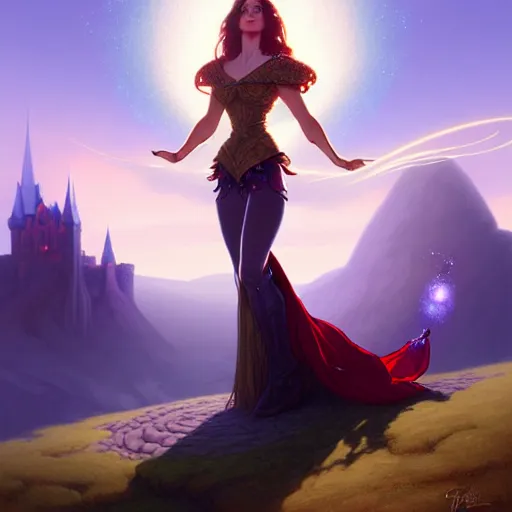 Prompt: a portrait of a fantasy female magician surrounded by magical particles stands on a hill. in the background on another hill stands a castle with mountains in the background, filled with magic, highly detailed, digital painting, artstation, smooth, sharp focus, illustration, art by artgerm and greg rutkowski and alphonse mucha