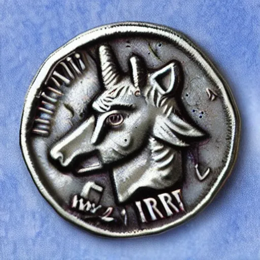 Image similar to twilight sparkle on a roman denarius coin. short muzzle, big eyes, mane