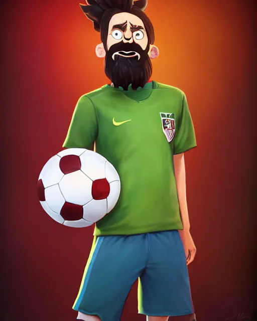 Prompt: an epic fantasy comic book style full body portrait painting of a bearded soccer player with short hair, smiling maniacally, holding a soccer ball, character design by Mark Ryden and Pixar and Hayao Miyazaki, unreal 5, DAZ, hyperrealistic, octane render, cosplay, RPG portrait, dynamic lighting, intricate detail, summer vibrancy, cinematic