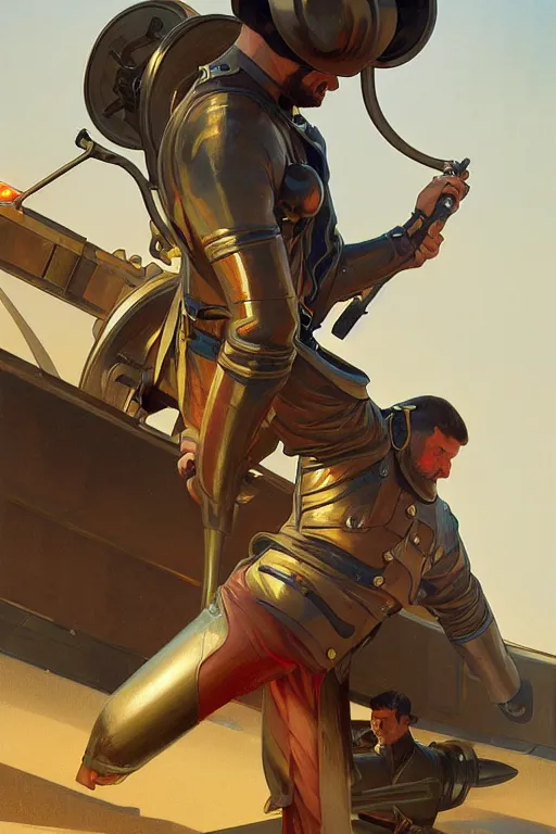 Image similar to man as a human cannonball in the artillery cannon, realistic painting, symmetrical, highly detailed, digital painting, artstation, concept art, smooth, sharp focus, illustration, cinematic lighting, art by artgerm and greg rutkowski and alphonse mucha