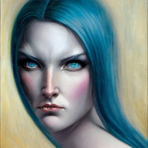 Prompt: front portrait of an ice Blue eyes woman, by Gerald Brom