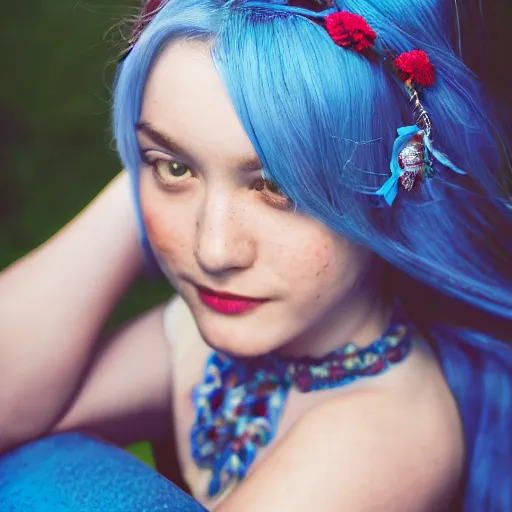 Image similar to dslr photo of a pretty young woman, full bodied portrait, with blue hair, sitting on a bench wearing a flower skirt, and body and wearing hemp sandals and a very detailed ruby necklace around neck, artgerm, artstation, very high quality face, intricate details, extremely high quality, moody lighting, real camera, real photo, 8 k, full subject in shot