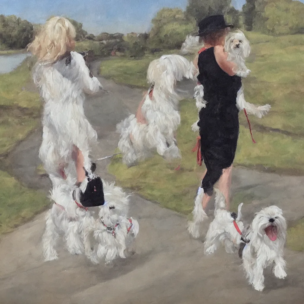 Image similar to A beautiful woman with freckles walking a Maltese Terrier in Buckingham Palace, oil paint on canvas, art,